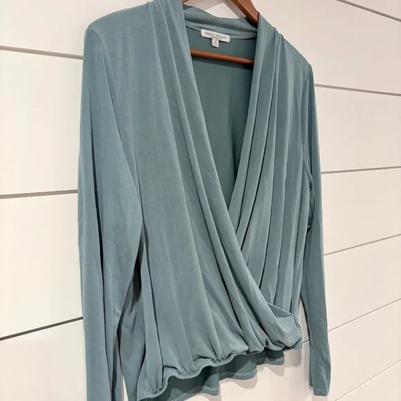 Green Envelope Sage Wrap Top XL Soft Drape Long Sleeve Minimal Chic - Picture 3 of 8
